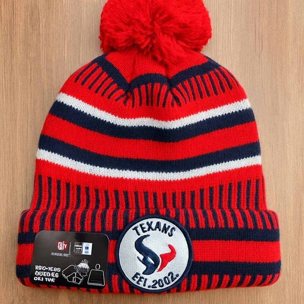 New Era Houston Texans Knit Beanie Pom Hat NFL On Field Est.‎ 2002 OSFA NWT